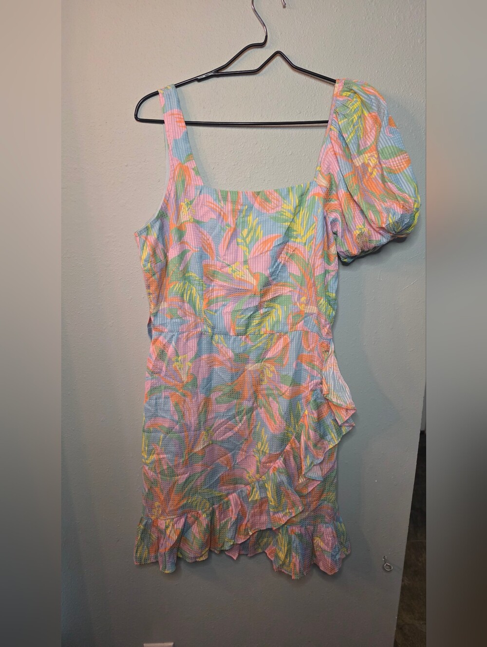 Alden Adair One Shoulder Tropical Floral Ruffle Mini Dress Size Large